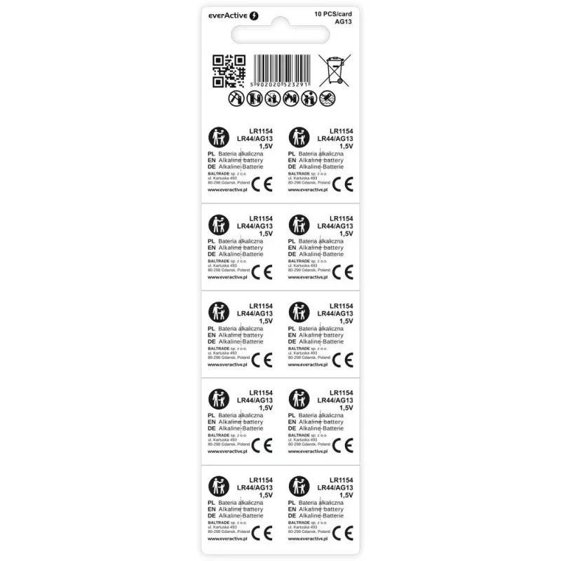 Bateria alkaliczna pastylkowa everActive AG13 (LR44) — opakowanie 10 szt.