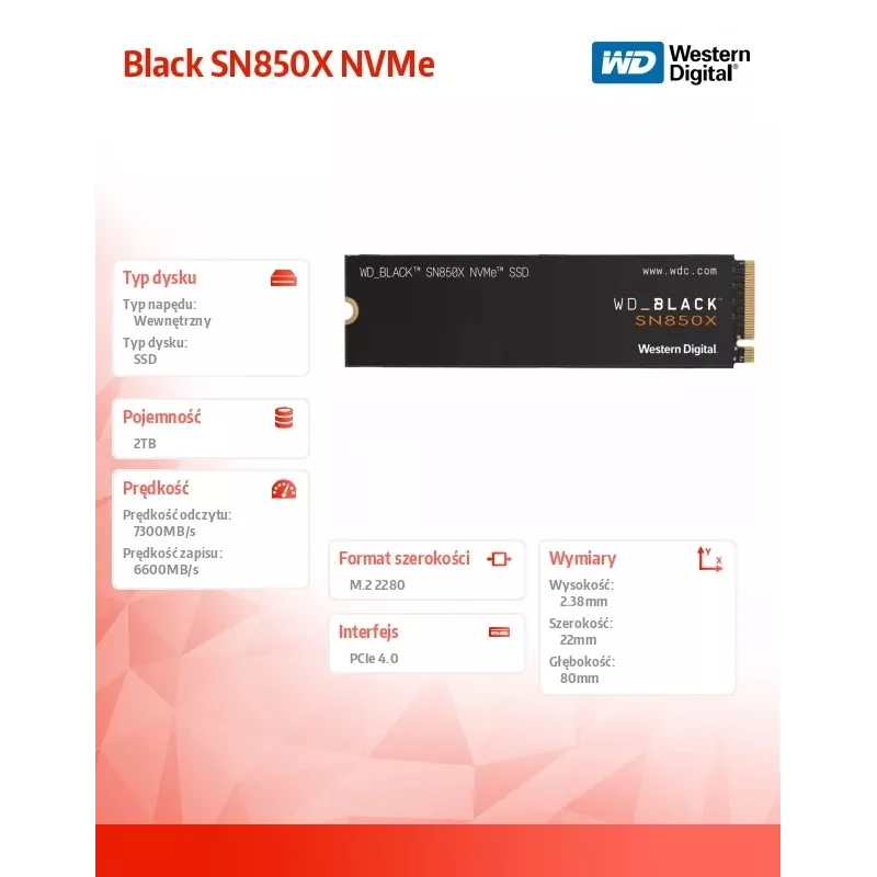 WD Czarny SN850X 2TB SSD M.2 2280 NVME PCI-E Gen4 Solid State Drive (WDS200T2X0E)