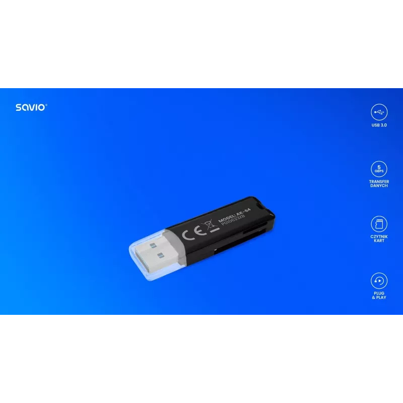 Czytnik kart SAVIO AK-64 USB 3.2 Gen 1 wyjście Type-A, slot MicroSD, 5000 Mbit/s, czarny