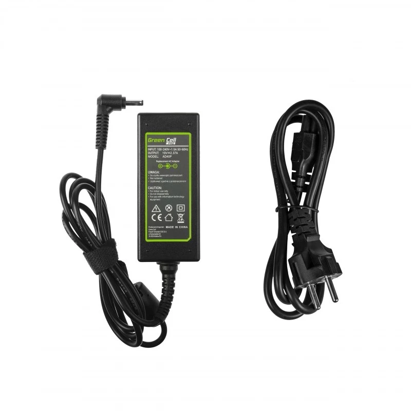Zasilacz zielony Cell AD40P 45W do laptopów, 19V 2.37A, AC-to-DC, wejście 100–240V, czarny