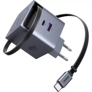 UGREEN X615 65W GaN Fast Charger with 1x USB-C, 1x USB-A and retractable kabel (model 65825)