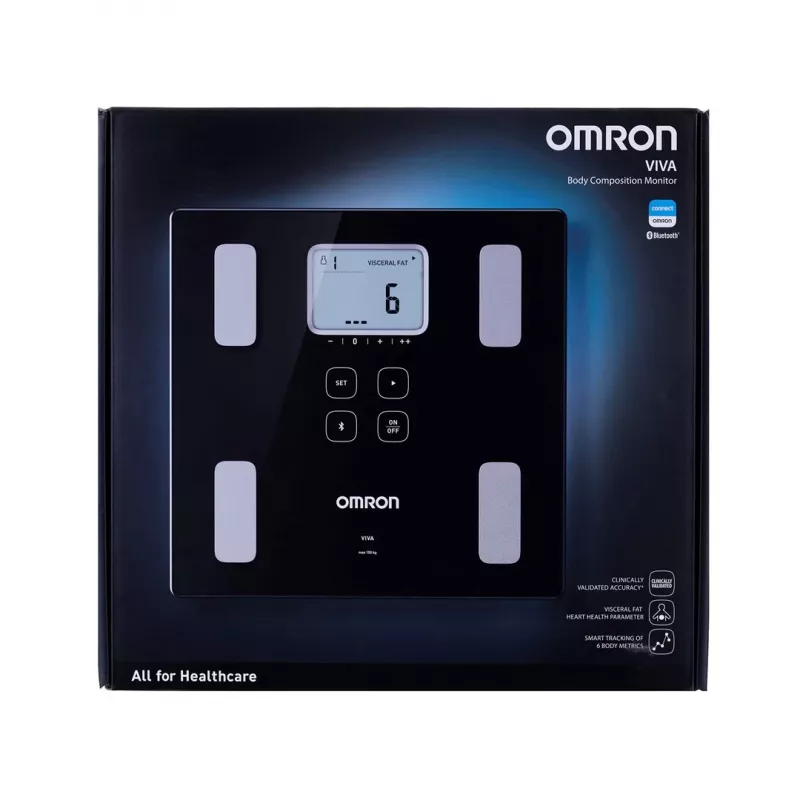 Elektroniczna waga osobista Omron VIVA — kwadratowa, czarna, maks. 150 kg, dokładność 100 g, tkanka tłuszczowa/BMI/BMR, pamięć dla 30 użytkowników