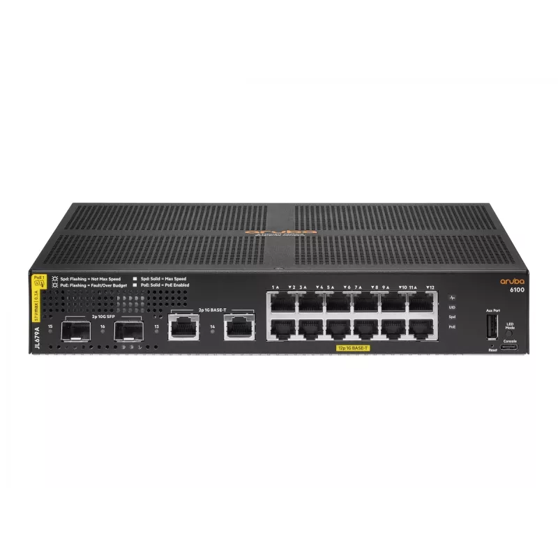 HPE Aruba Networking 6100 12G Class4 PoE 2G/2SFP+ 139W Zarządzany L3 Gigabit Ethernet (10/100/1000) Power over Ethernet (PoE) 1U Czarny