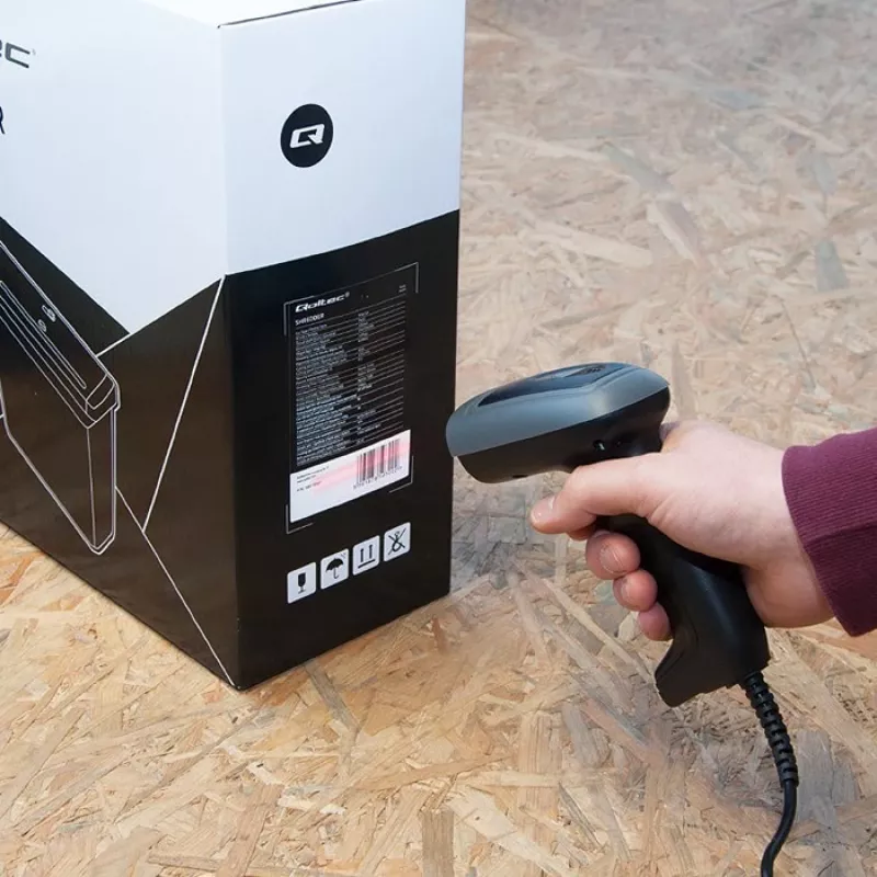 Ręczny czytnik kodów kreskowych QOLTEC 50863 — skaner 1D/2D, przewodowy USB, sensor LED, czarny, 5V, kabel 1,8 m