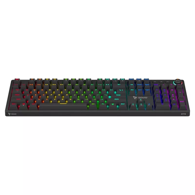 Mechaniczna klawiatura gamingowa SAVIO STYX Outemu Red — pełnowymiarowa 104-klawiszowa, przewodowa USB, RGB, ANSI US International, 1,5 m, czarna