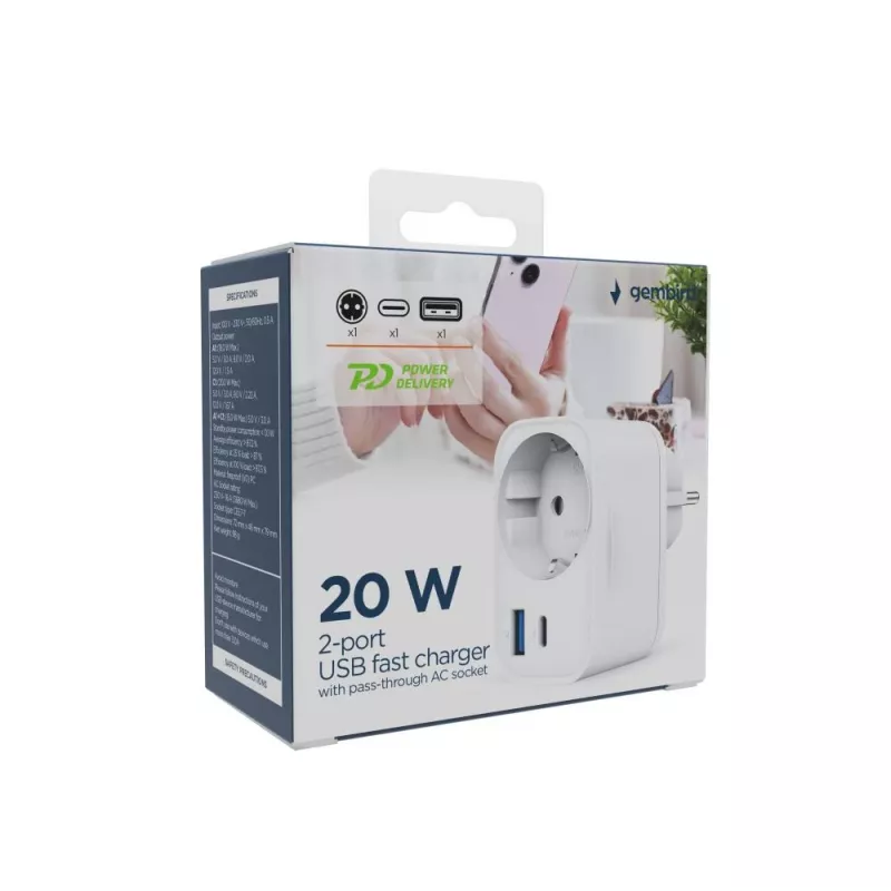 ŁADOWARKA USB UNIWERSALNA 20W BIAŁA/2P AC TA-ACPDQC20-01-W GEMBIRD