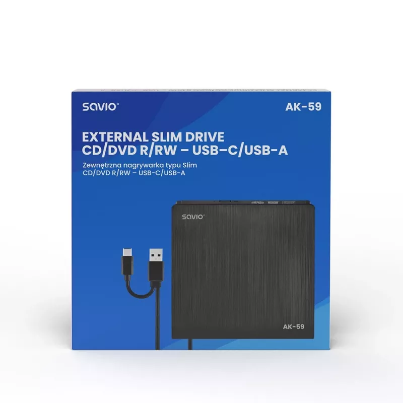 SAVIO AK-59 Zewnętrzna smukła nagrywarka CD/DVD R/RW - USB-C/USB-A, czarny