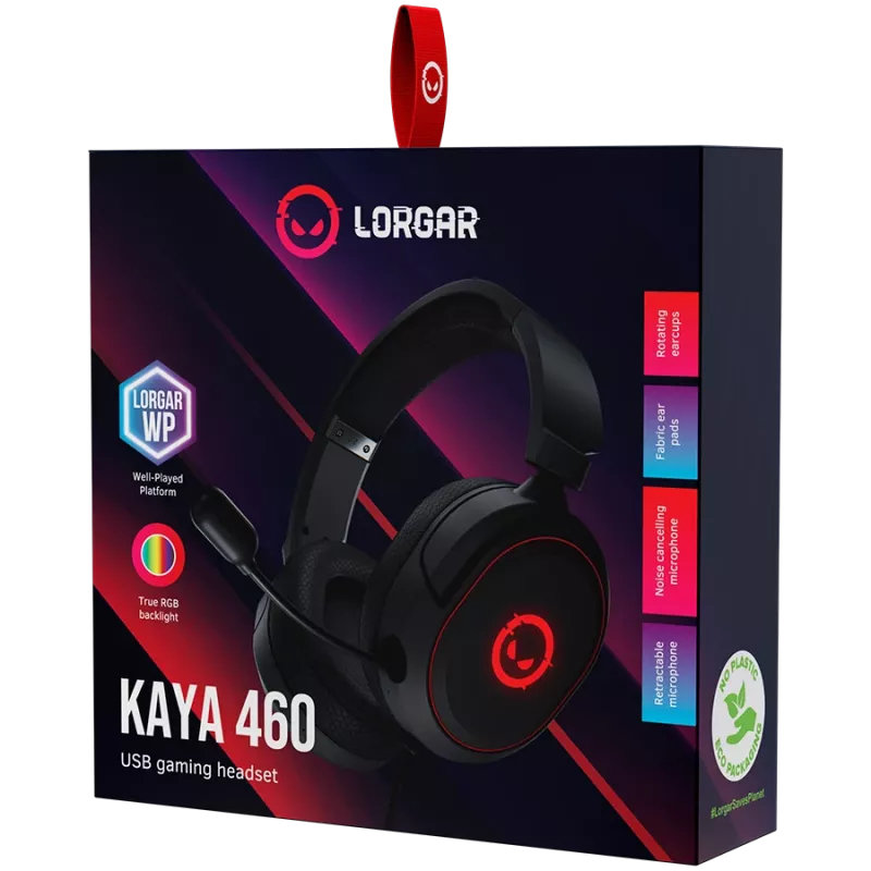 Słuchawki gamingowe LORGAR Kaya 460, USB, z mikrofonem, CM108B, podświetlenie RGB, Plug&Play, kabel USB-A 2m, nauszniki materiałowe, wymiary: 192*184,7*88mm, 0,329kg, czarne
