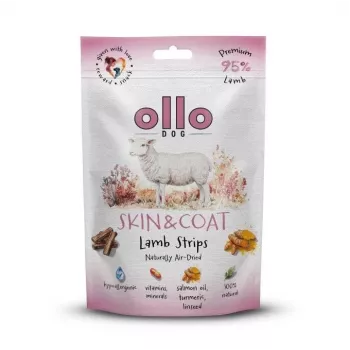 Przysmak dla psa OLLO Air-Dried Skin & Coat Lamb Strips 80 g — suszone powietrzem jagnięce paski hipoalergiczne wspierające skórę i sierść