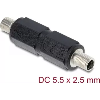 Adapter wtyczki baryłkowej DC DELOCK 5,5 x 2,5 mm żeński-żeński z gwintem, prosty, czarny