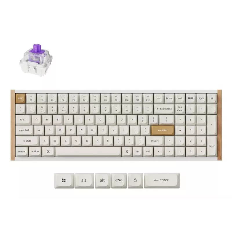 Klawiatura mechaniczna Keychron K4 HE 96% QWERTY — USB, RF Wireless i Bluetooth, 100 klawiszy, RGB, Biały/Drewniany