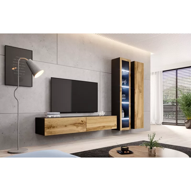 Gablota Cama Meble VIGO 180 wisząca witryna szklana 1800×400×300 mm czarny/dąb wotan