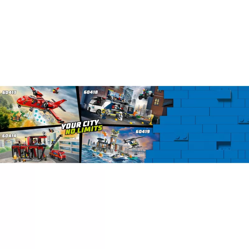 Zabawka konstrukcyjna LEGO City Remiza strażacka z pojazdem z drabiną obrotową 60414 — 843 elementy, 5 minifigurek, 220×320×140 mm