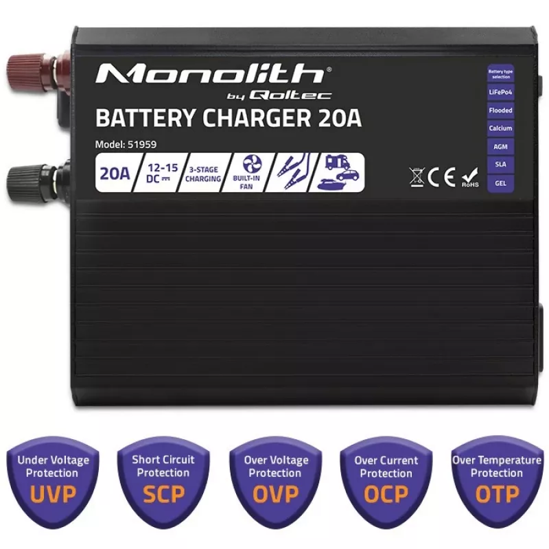 Ładowarka QOLTEC Monolith 20A 12V do akumulatorów LiFePO4, AGM, GEL, SLA