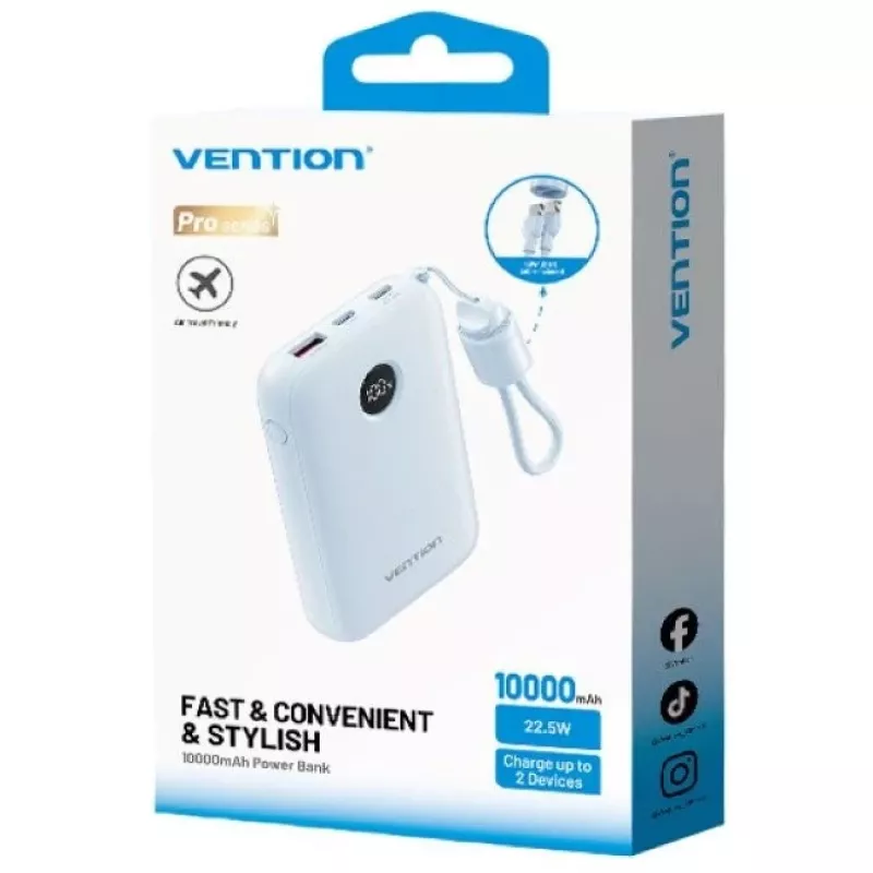 Power bank Vention 10000mAh 22,5 W — 2× USB‑C, 1× USB‑A, niebieski