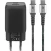 Szybka ładowarka USB-C Nano, PD, GaN, 65 W, pleciony kabel USB-C (czarna, 1x USB-A, 2x USB-C PD, Quick Charge 3.0, kabel 1 metr)