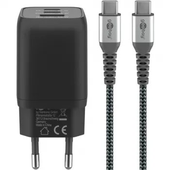 Szybka ładowarka USB-C Nano, PD, GaN, 65 W, pleciony kabel USB-C (czarna, 1x USB-A, 2x USB-C PD, Quick Charge 3.0, kabel 1 metr)