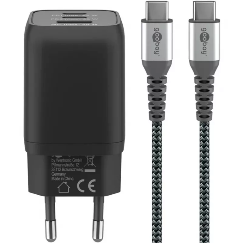 Szybka ładowarka USB-C Nano, PD, GaN, 65 W, pleciony kabel USB-C (czarna, 1x USB-A, 2x USB-C PD, Quick Charge 3.0, kabel 1 metr)