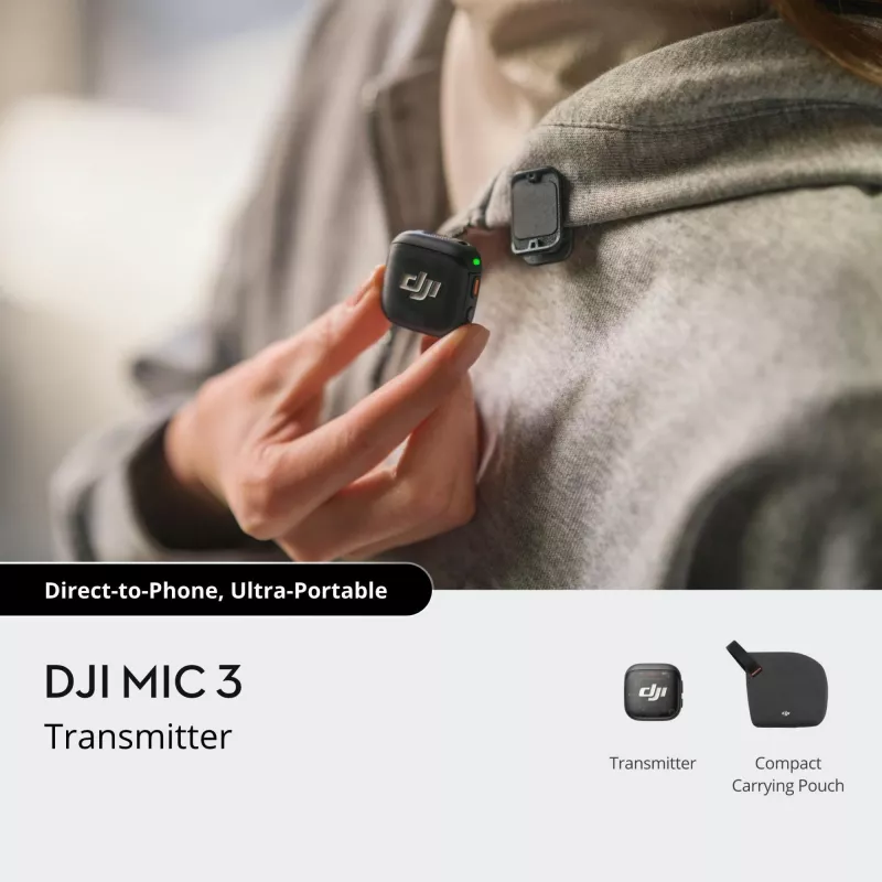 Bezprzewodowy nadajnik bodypack DJI MIC 3 — kompaktowy przenośny nadajnik mikrofonowy, Czarny/Szary