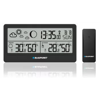 Stacja pogodowa BLAUPUNKT WS20BK — wyświetlacz temperatury i wilgotności wewnątrz/na zewnątrz, czarna, 1 czujnik, LCD, zasilana bateriami