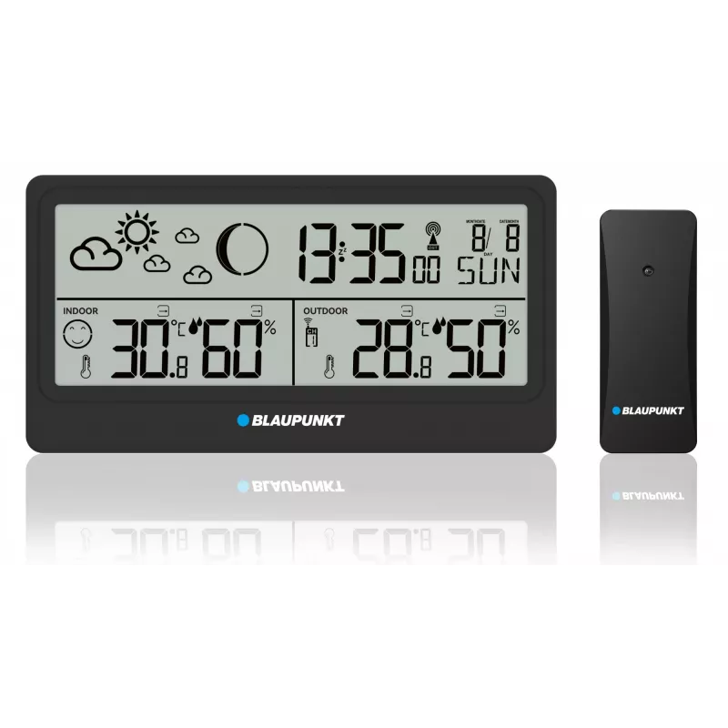 Stacja pogodowa BLAUPUNKT WS20BK — wyświetlacz temperatury i wilgotności wewnątrz/na zewnątrz, czarna, 1 czujnik, LCD, zasilana bateriami