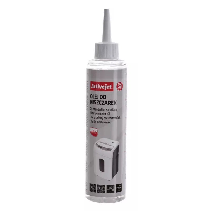Olej do niszczarki ActiveJet ASO-250, olej konserwujący do niszczarek biurowych, butelka 250 ml z aplikatorem