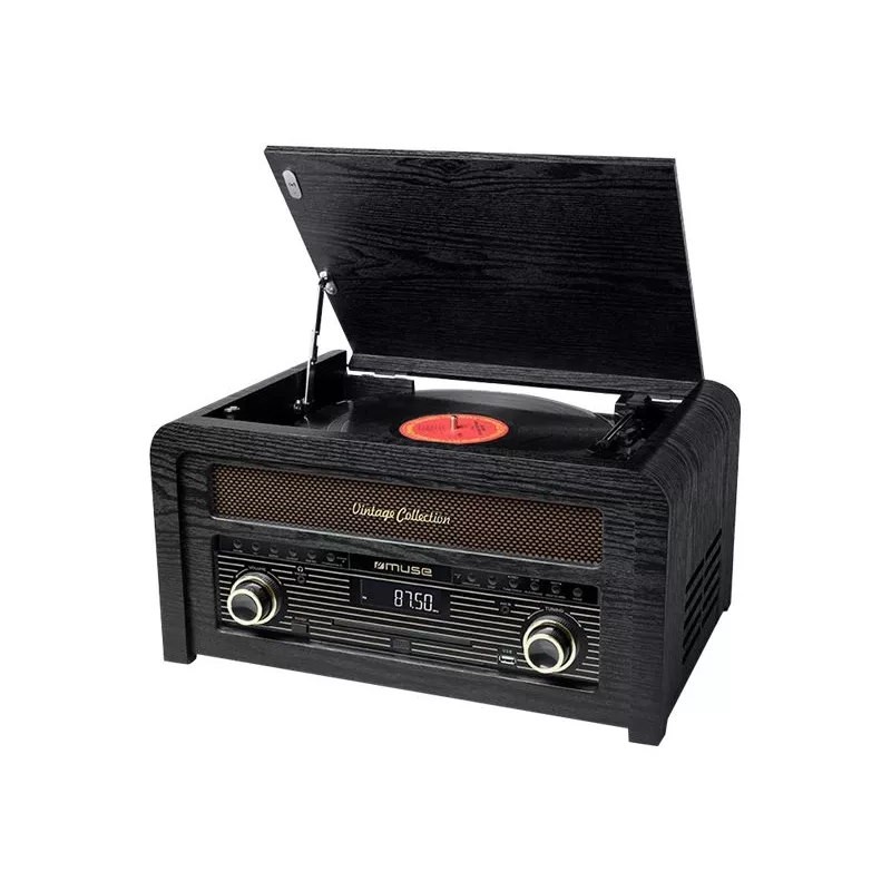 Gramofon muse MT-115 W — czarny/złoty, 33-45-78 obr./min, ramię w kształcie litery J, pokrętło głośności, 240 V AC