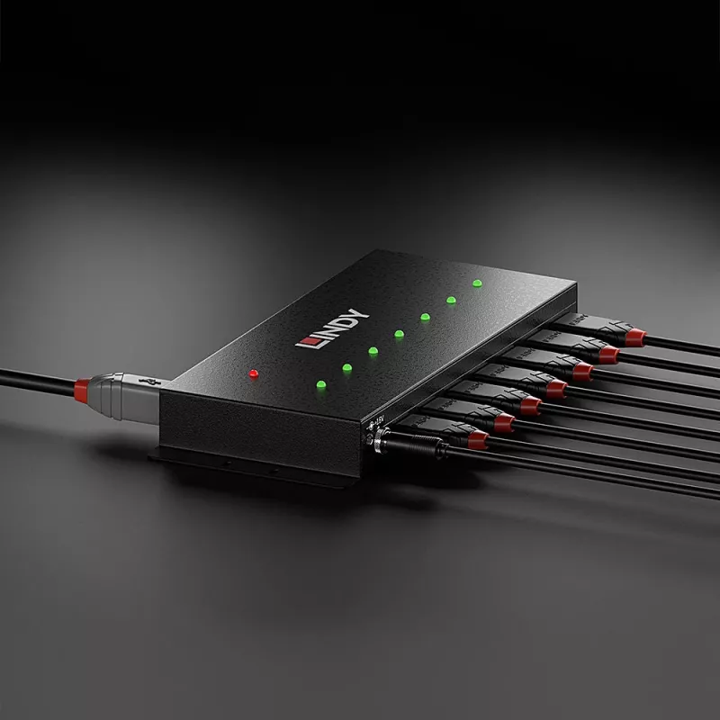 Lindy 7 portowy metalowy hub USB 3.0, USB 3.2 Gen 1 (3.1 Gen 1) Type-A, 5000 Mbit/s, czarny, 0.8 m, 185 mm, 75 mm