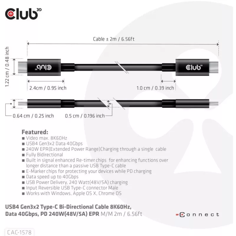 CLUB3D USB4 Gen3x2 Type-C dwukierunkowy kabel 8K60Hz, Dane 40Gbps, PD 240W(48V/5A) EPR M/M 2m / 6.56ft