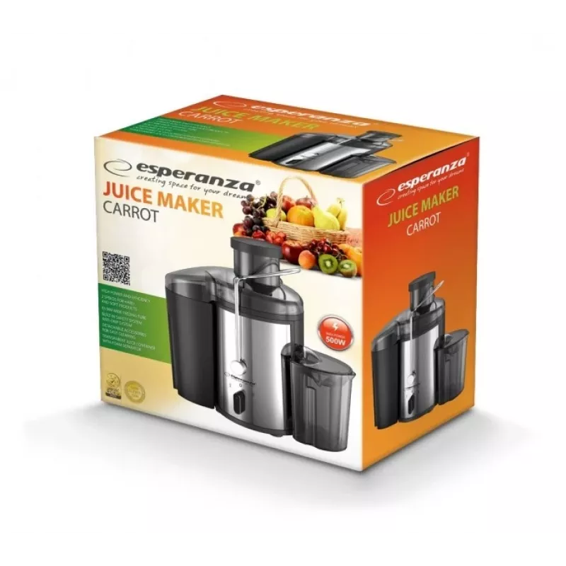 Sokowirówka ESPERANZA EKJ002 — 500 W, pojemnik na sok 0,45 L, pojemnik na miąższ 1,5 L, stal nierdzewna/czarny