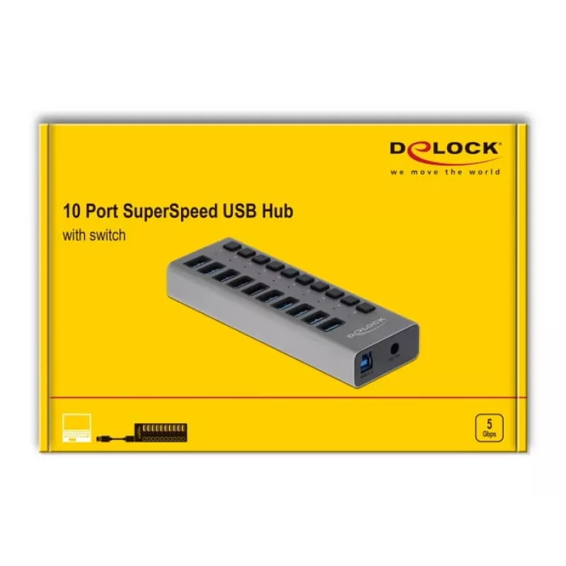 DeLOCK Zewnętrzny Hub USB 5 Gbps z 10 portami + przełącznik