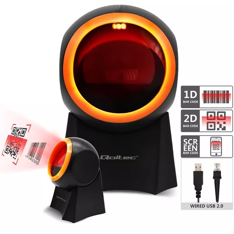 Przewodowy stacjonarny skaner kodów kreskowych QOLTEC 50857 — 1D/2D, USB, obudowa ABS, czarny, kabel 1,75 m