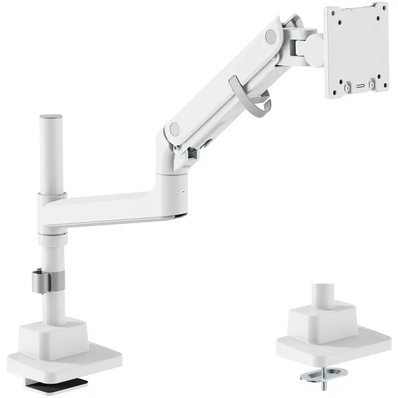 Uchwyt do monitora DIGITUS Single, zacisk, maks. 57 cali, udźwig 27 kg, VESA 75x75–100x100, biały