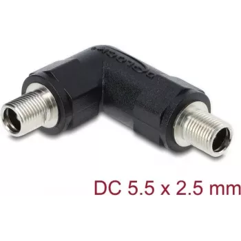 Adapter gniazda DC DELOCK 5,5 x 2,5 mm żeński-żeński z tuleją gwintowaną, 90° kątowy, czarny