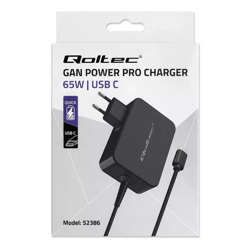 Qoltec 52386 GaN POWER PRO ładowarka | 1xUSB-C | 65W | 5-20V | 3-3.25A | Czarny