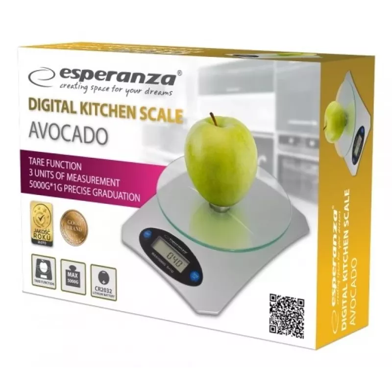 Elektroniczna waga kuchenna ESPERANZA Avocado Szara — pojemność 5 kg, platforma bambusowa, jednostki g/lb/oz