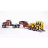 Toy low loader truck with JCB 4CX accessory, BRUDER, model BR-02813, ABS construction, multicolour