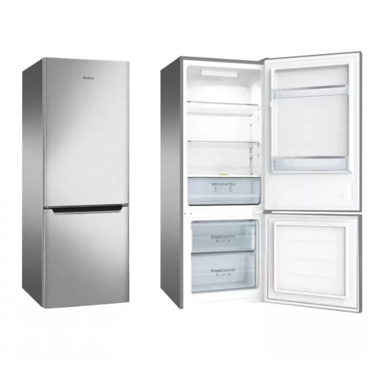 Wolnostojąca lodówko-zamrażarka AMICA KGCL 384 160 E, całk. 205 l, lodówka 153 l, zamrażarka 52 l, zamrażalnik dolny, stal nierdzewna