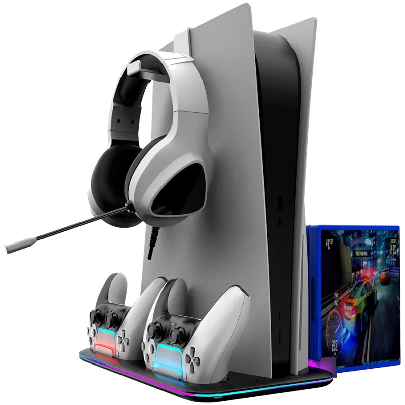 Podstawka chłodząca CANYON CS-51 RGB dla PS5 cienki czarna z dwiema ładowarkami kontrolerów