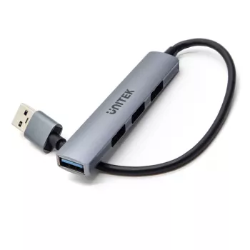 Koncentrator USB Unitek H1208A — 4 porty (1 × USB 3.2 Gen 1 Type-A, 3 × USB 2.0), obudowa aluminiowa, szary, kabel 0,20 m