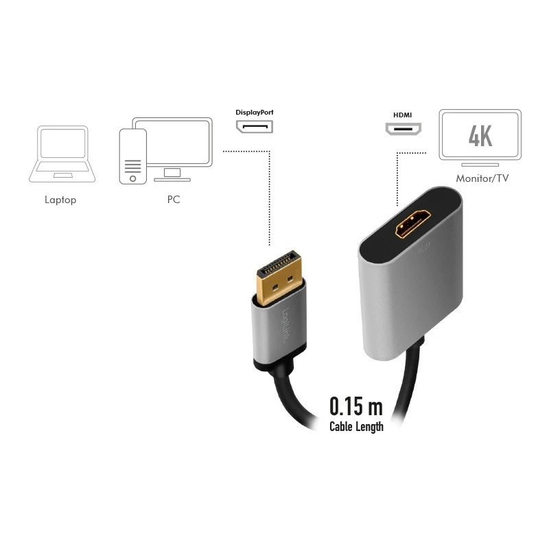 Adapter kabla wideo LogiLink CDA0108 0,15 m DisplayPort HDMI czarny szary