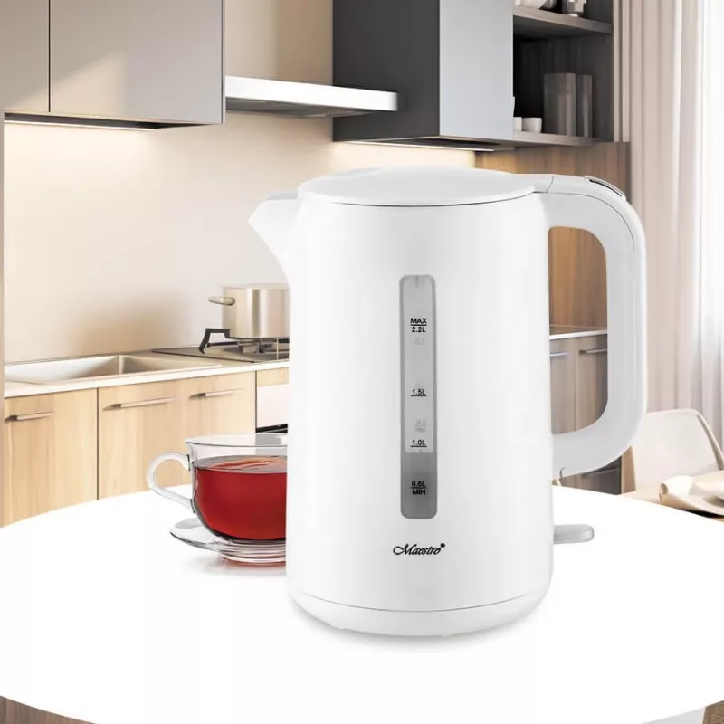 Czajnik elektryczny Maestro MR-022-biały, 2,2 L, 1850–2200 W, obudowa z tworzywa sztucznego, podstawa obrotowa 360°, filtr przeciwwapienny, wskaźnik poziomu wody
