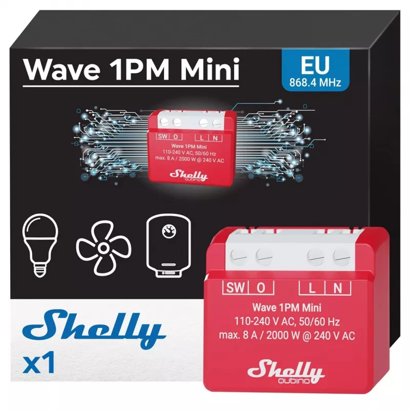 Inteligentny przekaźnik podtynkowy Shelly 1PM — jednokanałowy miniprzełącznik Z-Wave, 110–240V, 8A, 2000W, 868,4 MHz