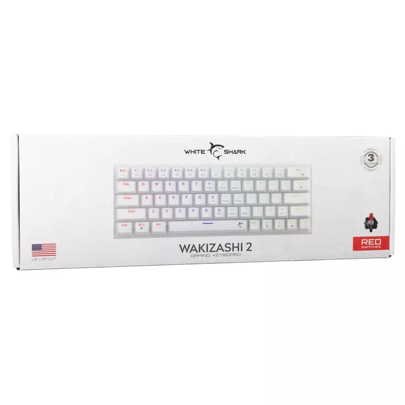 Klawiatura mechaniczna White Shark Wakizashi-2 US czerwony Switch, układ Tenkeyless/US, biała
