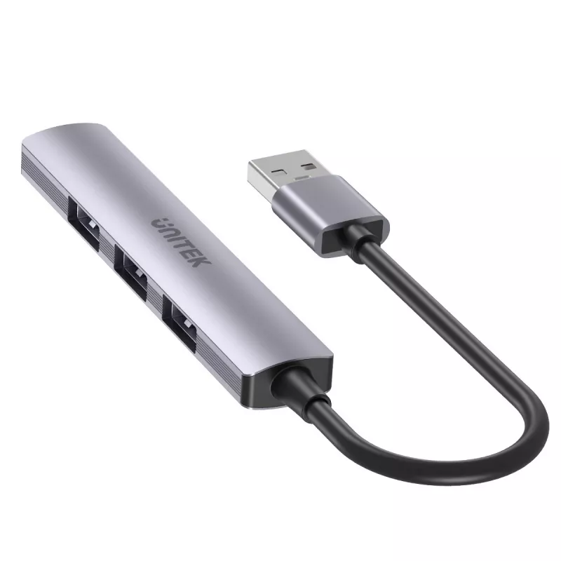 Unitek H1208A hub USB-A, 4 porty (1x USB-A 5 Gbps, 3x USB-A 2.0), aluminiowy, srebrny