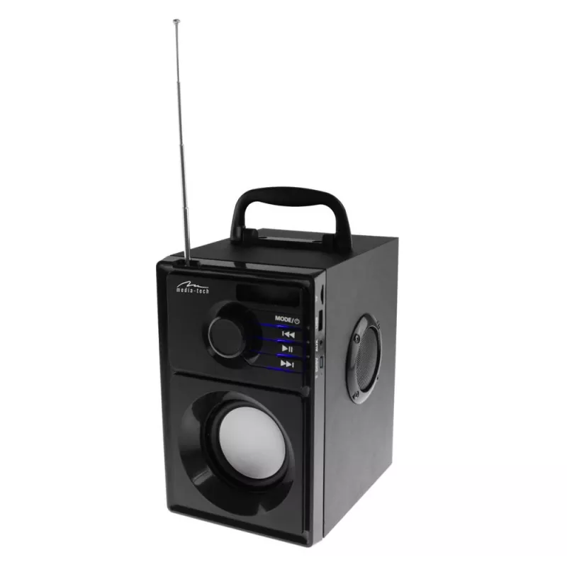 Głośnik bezprzewodowy MEDIA-TECH MT3179, 20W (RMS 15W), Bluetooth 5.1, FM, MicroSD, USB, AUX, Li-Ion, 6 h, obudowa drewniana