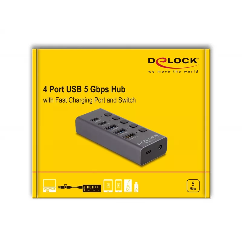 Koncentrator USB Delock 64248 5 Gb/s 2 x Typ-A 2 x Typ-C 1 port szybkiego ładowania