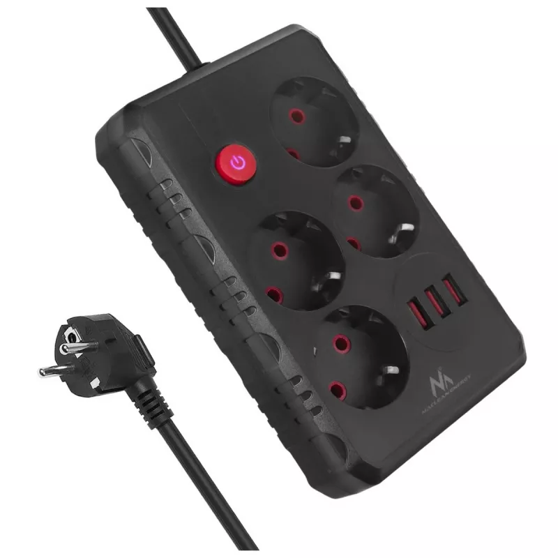 Listwa zasilająca MACLEAN MCE393 B — 4 gniazda, 3×USB, 110–240 V, 2500 W, kabel 3 m, czarna