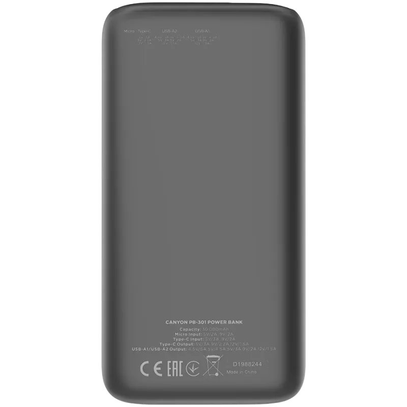Powerbank Canyon PB-301 30000 mAh PD/QC/Wyświetlacz czarny detal