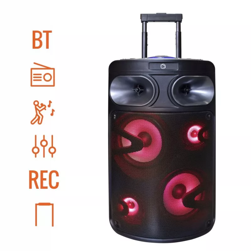 Przenośny głośnik karaoke Bluetooth MANTA SPK0803B140 140 W, zasilany bateriami, MIC/USB/microSD, FM, equalizer, kółka